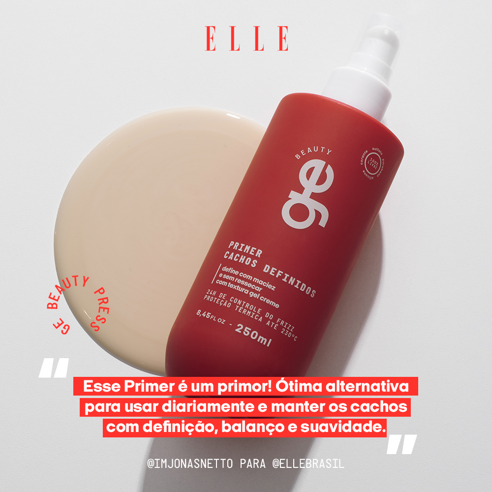 Primer Cachos Definidos GE Beauty citado pela ELLE Brasil: mantém os cachos definidos no dia a dia