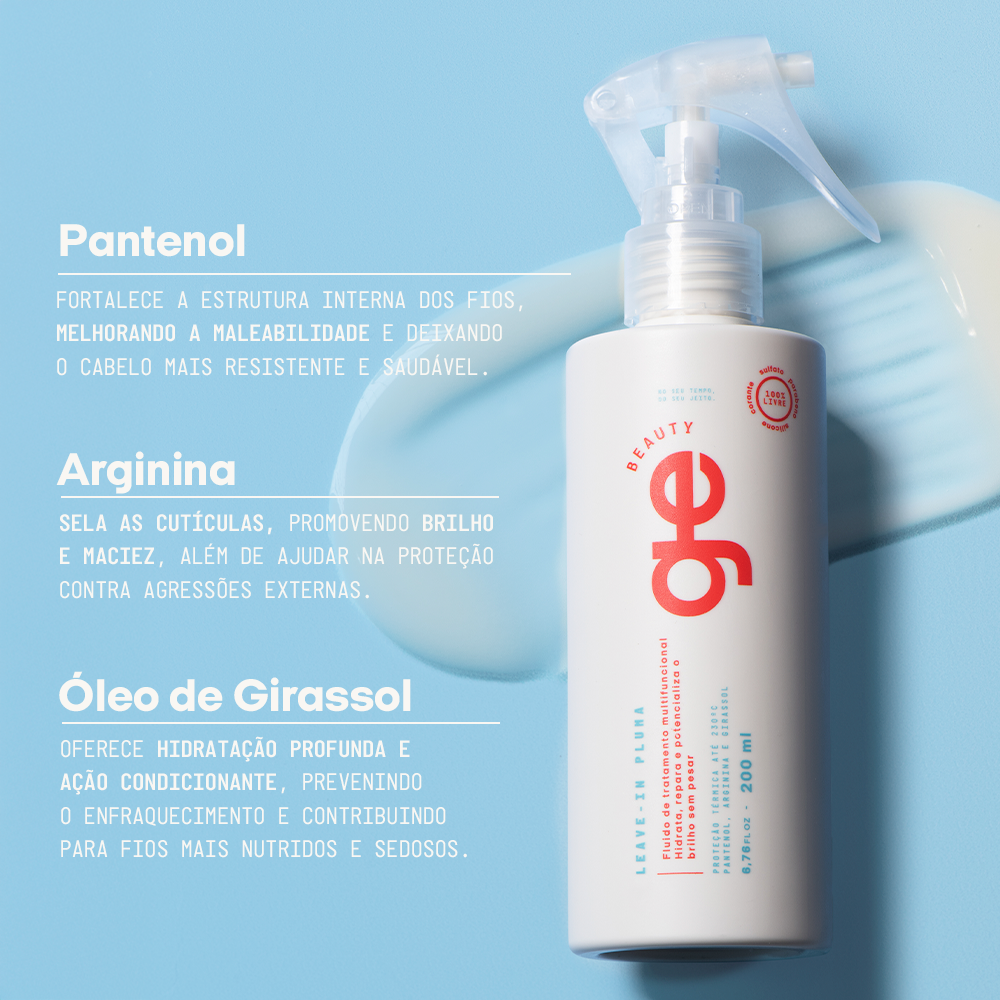 O que o leave-in pluma GE Beauty contém?
Pantenol: fortalece a estrutura interna dos fios, melhorando a maleabilidade e deixando o cabelo mais resistente e saudável
Arginina: sela as cutículoas, promovendo brilho e maciez, além de ajudar na proteção contra agressões externas
Óleo de girassol: oferece hidratação profunda e ação condicionante, prevenindo o enfraquecimento e contribuindo para fios mais nutridos e sedosos