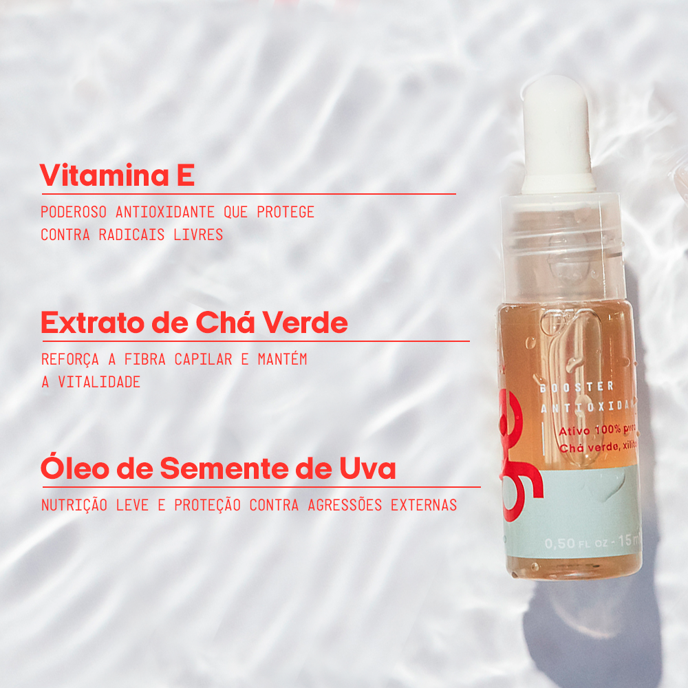 # O que o Booster Antioxidante GE Beauty tem?
## Vitamina E: poderoso antioxidante que protege contra radicais livres
## Extrato de chá verde: reforça a fibra capilar e mantém a vitalidade
## Óleo se semente de uva: nutrição leve e proteção contra agressões externas