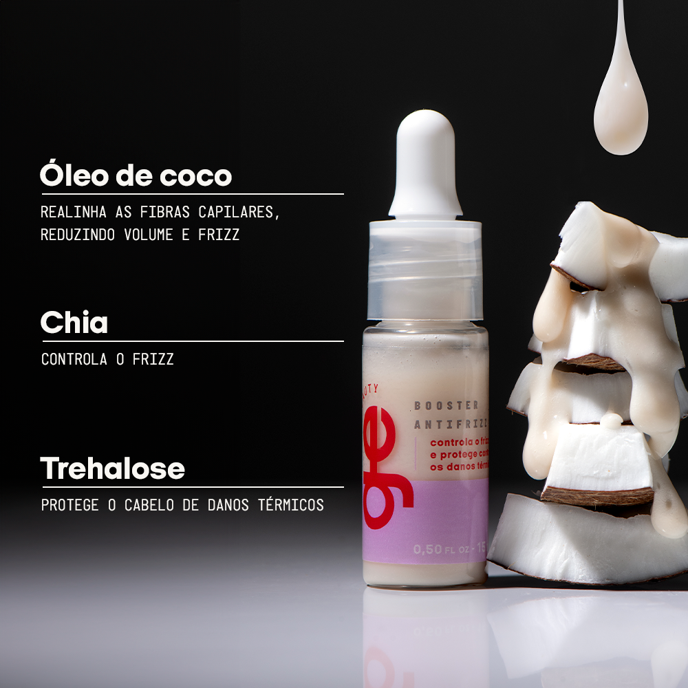 Fórmula exclusiva do Booster antifrizz GE Beauty com ingredientes naturais brasileiros