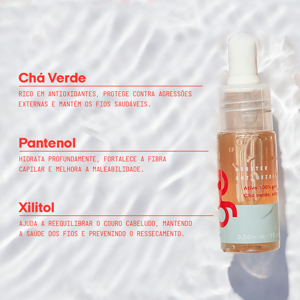 # O que o booster antioxidante tem:
## Chá verde: rico em antioxidantes, protege contra agressões externas e mantém os fios saudáveis.
## Pantenol: hidrata profundamente, fortalece a fibra capilar e melhora a maleabilidade.
## Xilitol: ajuda a reequilibrar o couro cabeludo, mantendo a saúde dos fios e prevenindo o ressecamento.