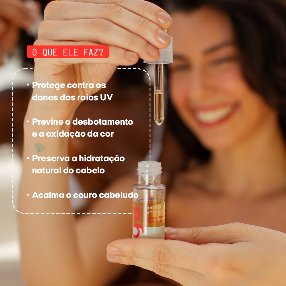 # O que o **BOOSTER ANTIOXIDANTE** GE Beauty faz?
## Proteção solar: protege contra os danos dos raios UV
## Previne o desbotamento e a oxidação da cor
## Preserva a hidratação natural do cabelo
## Acalma o couro cabeludo