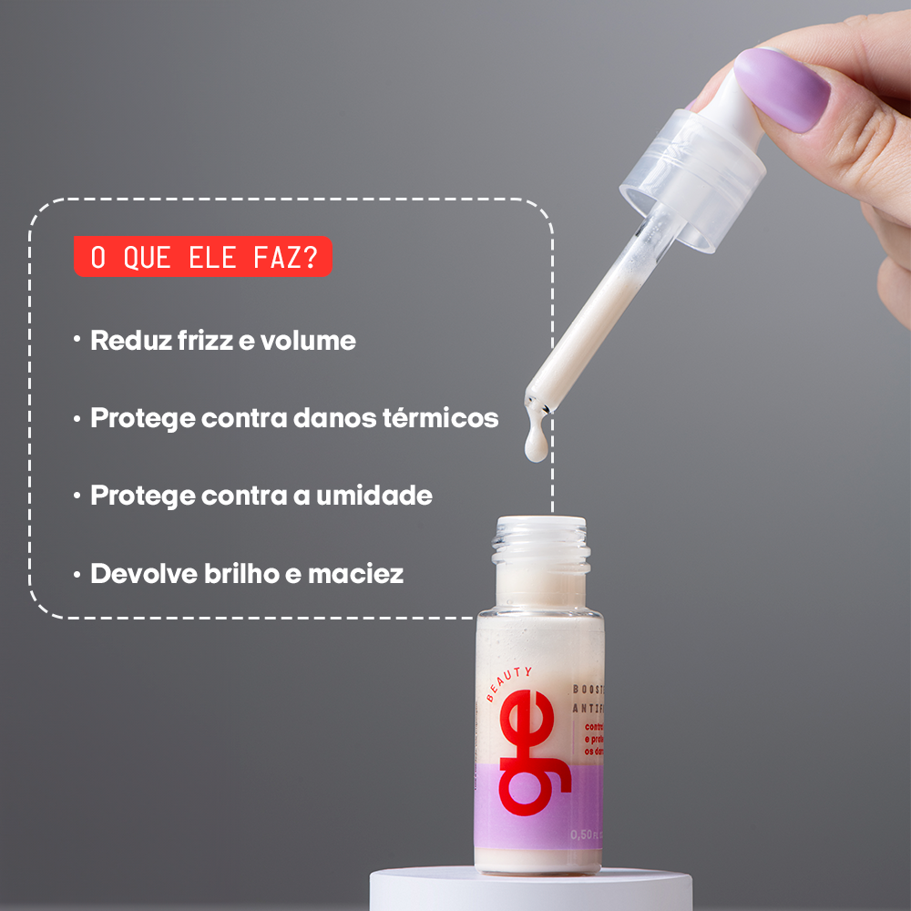 Aplicação do Booster antifrizz GE Beauty em cabelos cacheados para controle de volume