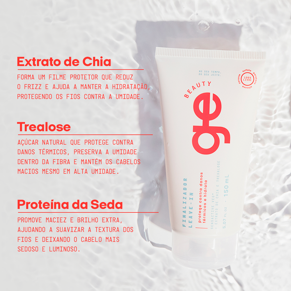 # O que o Leave-in com proteção térmica GE Beauty tem?
## Extrato de chia: forma um filme protetor que reduz o frizz e ajuda a manter a hidratação, protegendo os fios contra a umidade.
## Trehalose: açúcar natural que protege contra danos térmicos, preserva a umidade dentro da fibra e mantém os cabelos macios mesmo em alta umidade.
## Proteína da seda: promove maciez e brilho extra, ajudando a suavizar a textura dos fios e deixando o cabelo mais sedoso e luminoso.