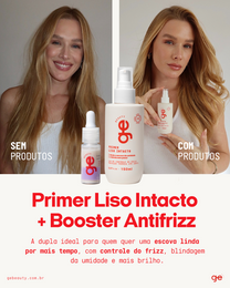 Composição criativa do kit liso sem frizz GE Beauty com modelo de cabelos lisos