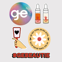 GE Beauty Sticker Pack with colorful logos, bottles, and playful designs for customization.