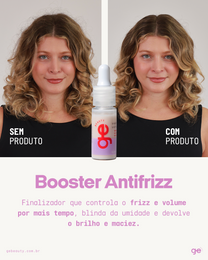Composição criativa do Booster antifrizz GE Beauty destacando benefícios e modo de uso