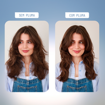 Comparativo de cabelo feminino sem leave-in e com Leave-in Pluma da GE Beauty: fios alinhados, leves, com brilho natural e sem frizz após aplicação do produto.