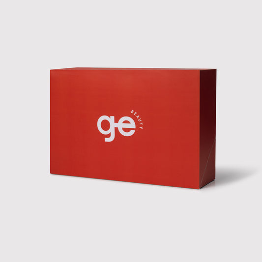 Red GE Beauty box with logo on a light gray background.