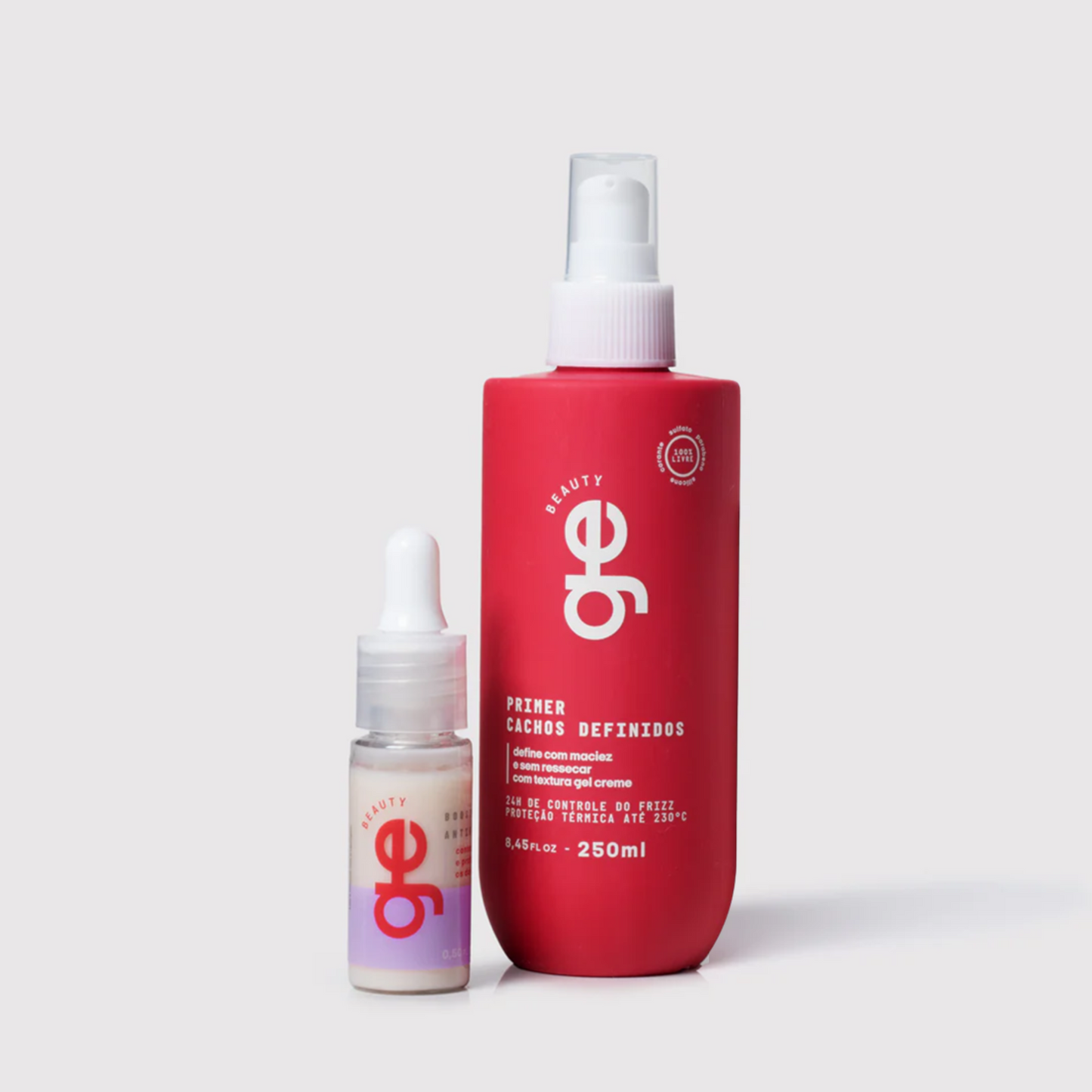 Produtos do kit cachos sem frizz GE Beauty dispostos em conjunto, mostrando a linha completa para tratamento de cabelos cacheados