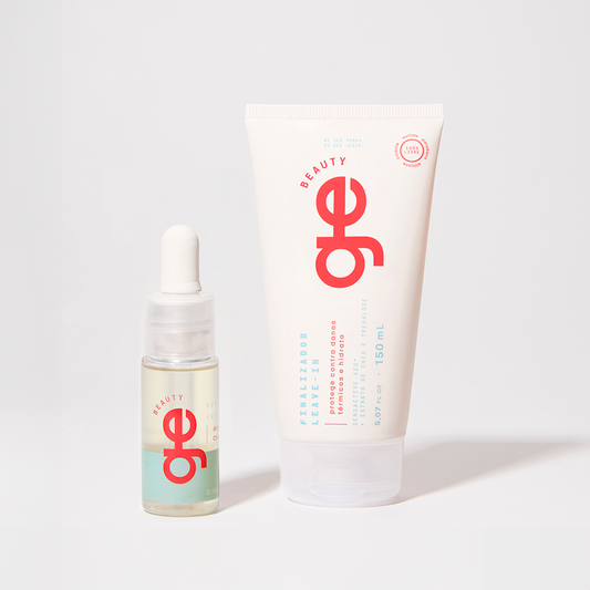 Produtos GE Beauty: finalizador leave-in e booster antioxidante em fundo branco, destacando logotipo vermelho.