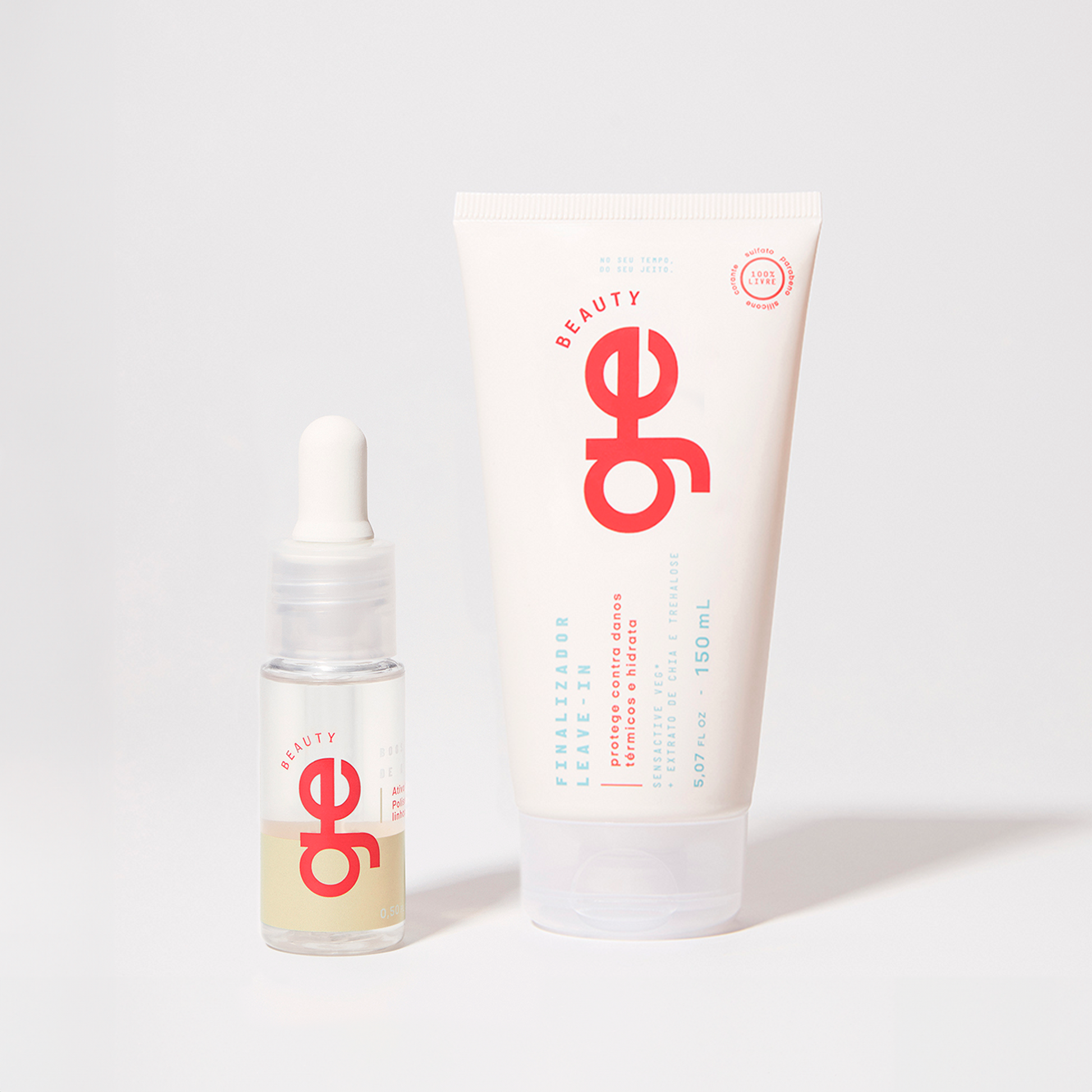 Produtos GE Beauty: finalizador leave-in e booster definição em fundo branco minimalista.