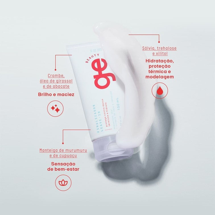 Infográfico sobre as funções do leave-in GE Beauty em versão travel size